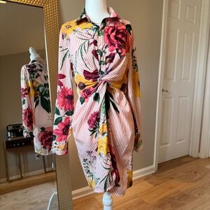 Boohoo Women's Floral Stripe Shirt Dress Pink Yellow Knot Front Size US 4